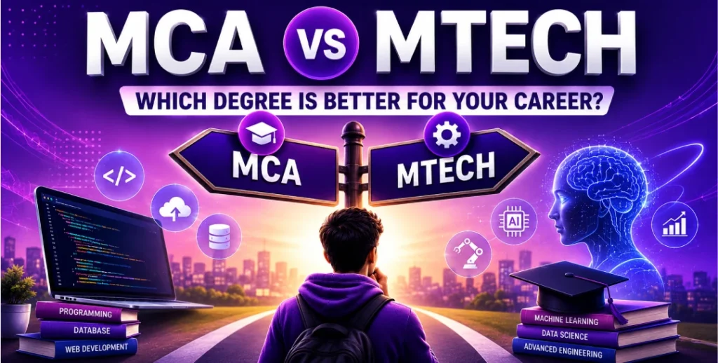 MCA vs MTech degrees showing career paths, salary growth, technology specializations, and educational progression.